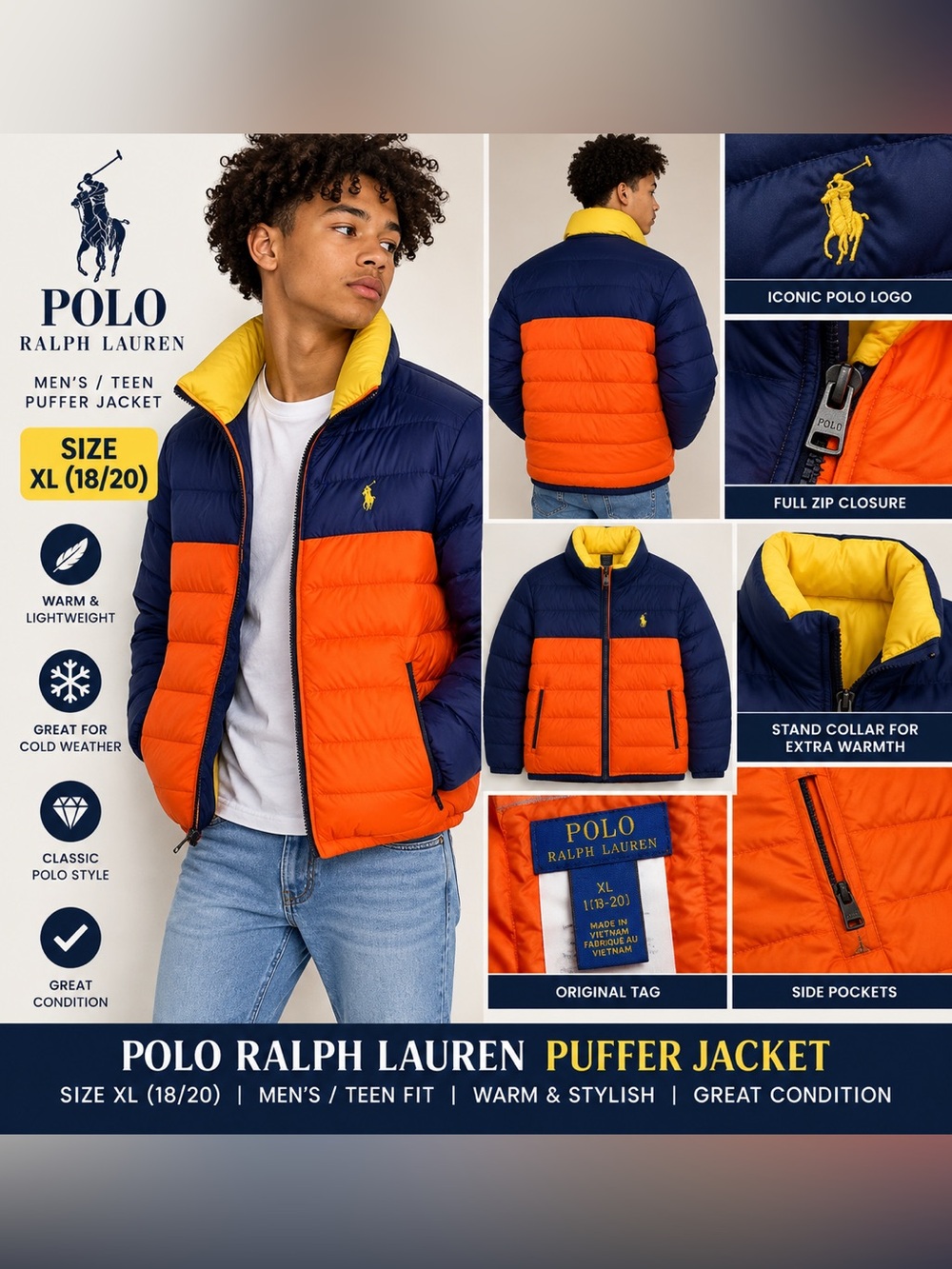 Ralph Lauren Polo Boys Navy, Orange, Yellow Colorblock Puffer NWOT Sz XL 18/20